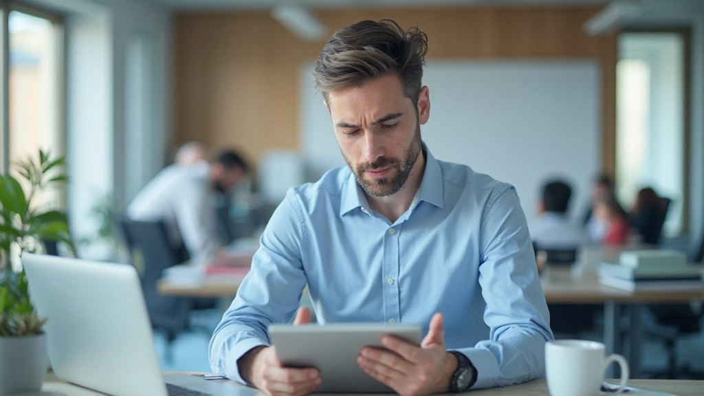 Молодой бизнесмен анализирует финансовые графики и диаграммы на планшете в офисной среде